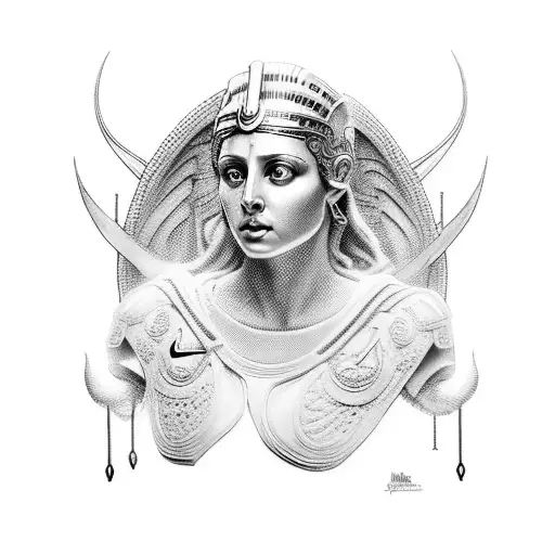 A portrait of Nike, the goddess of victory, with a black and grey color palette for a classic look tattoo design idea
