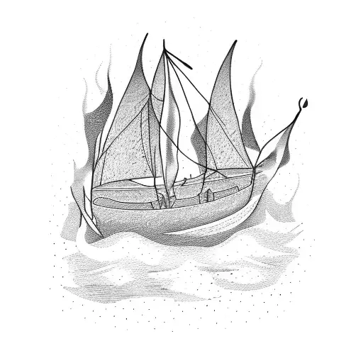 a boat on fire, burn the boats tattoo design idea