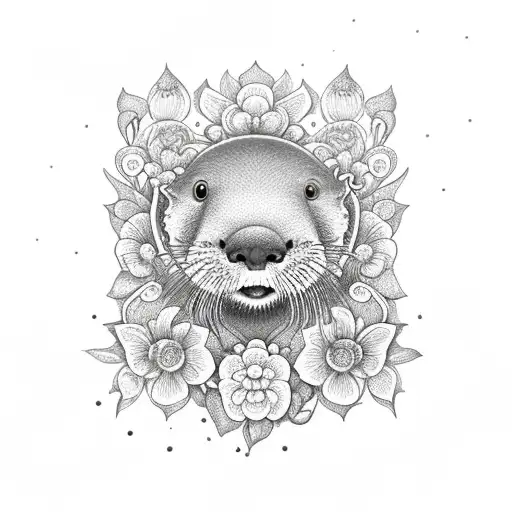 an otter holding a coronation flower tattoo design idea