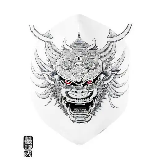 A fierce oni mask with intricate Japanese temple architecture forming the background tattoo design idea