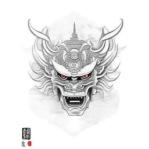 A fierce oni mask with intricate Japanese temple architecture forming the background tattoo design idea