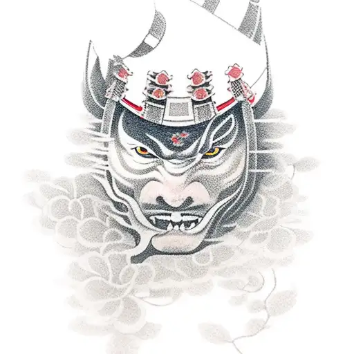 A realistic portrait of a samurai with a backdrop of cherry blossoms and a traditional Japanese temple tattoo design idea