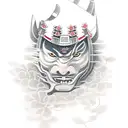 A realistic portrait of a samurai with a backdrop of cherry blossoms and a traditional Japanese temple tattoo design idea