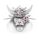 A realistic portrait of a samurai with a backdrop of cherry blossoms and a traditional Japanese temple tattoo design idea