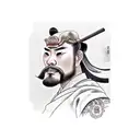 A realistic portrait of a samurai with a backdrop of cherry blossoms and a traditional Japanese temple tattoo design idea