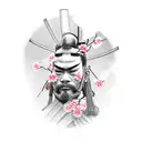 A realistic portrait of a samurai with a backdrop of cherry blossoms and a traditional Japanese temple tattoo design idea