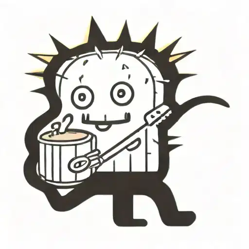 a happy cactus dressed like a mexican drinking tequila in the dessert at sunset with the sun almost below the hozizon  tattoo design idea