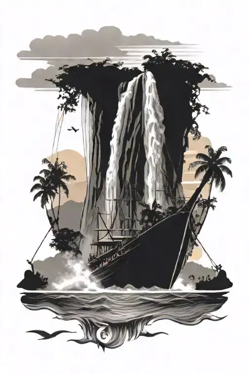 guyana boat with kaieteur waterfall forest mountain sunrise tattoo design idea