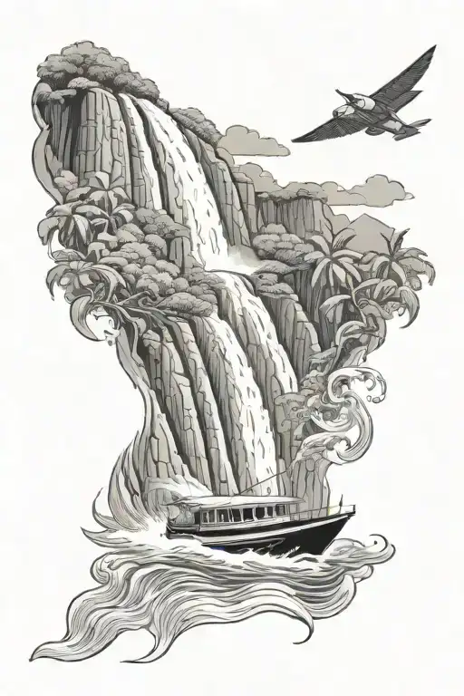 guyana speed boat with kaieteur waterfall flowing tattoo design idea
