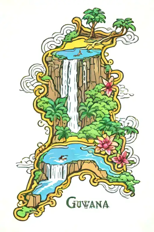 Guyana map with kaieteur waterfall flowing tattoo design idea