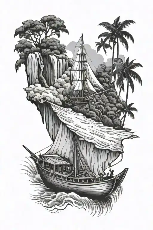 guyana wooden boat with kaieteur waterfall surrounded tattoo design idea