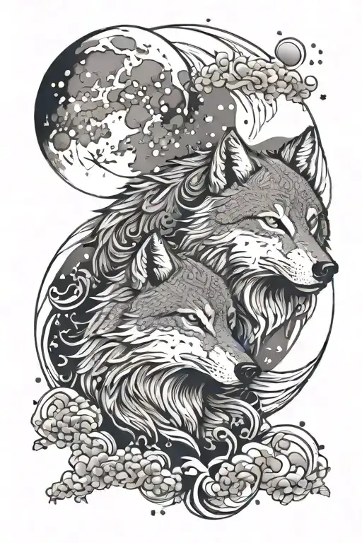moon and wolf in japanese style tattoo design idea
