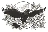 a crow coming to a stop with a moon above and pionies next to the wings tattoo design idea