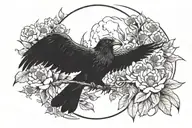 a crow coming to a stop with a moon above and pionies next to the wings tattoo design idea