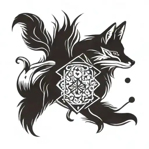 Small minimal fox, with calligraphy brush strokes as accents, and 4 large Aces, all on a square background tattoo design idea