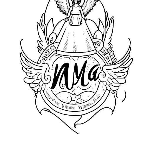 written "m g a p m" in cursive with an angel tattoo design idea