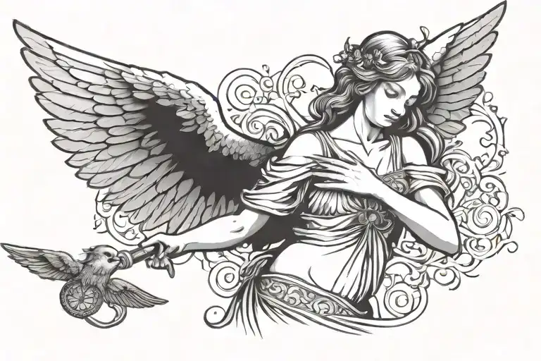 biblically  accurate Angel with cross in the middle but behind the eye with wings on both the sides tattoo design idea