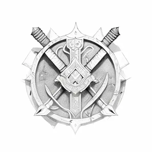 axe, sword, flail and shield tattoo design idea