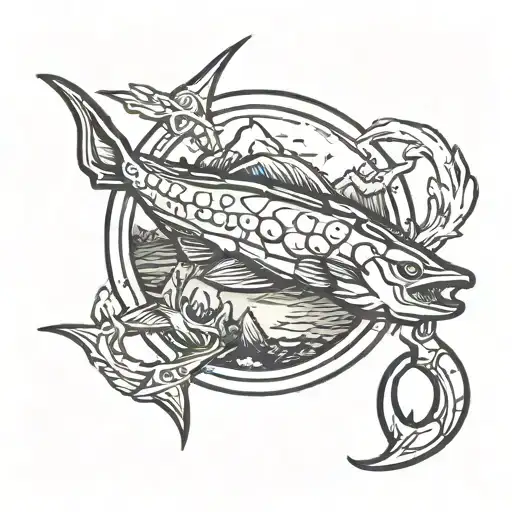 halo game logo , fishing hook, mountains   tattoo design idea
