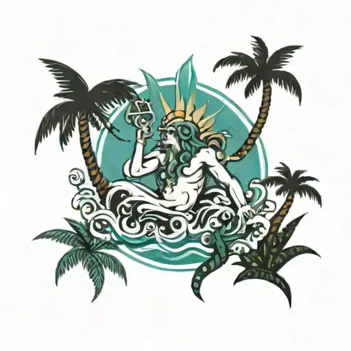 palmtree and neptune god tattoo design idea