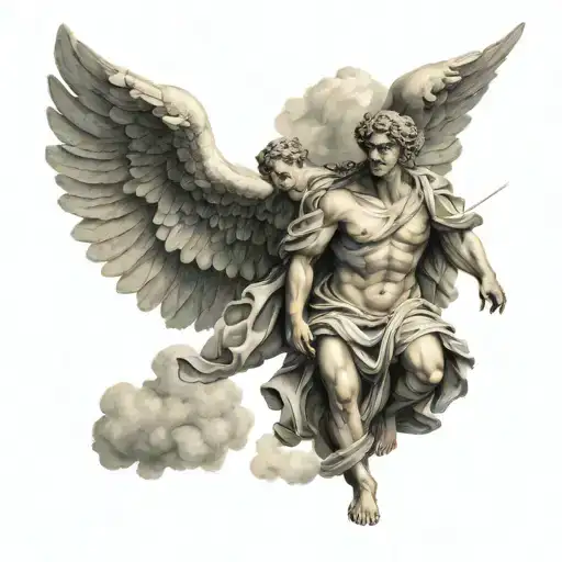 greek angels with clouds tattoo design idea