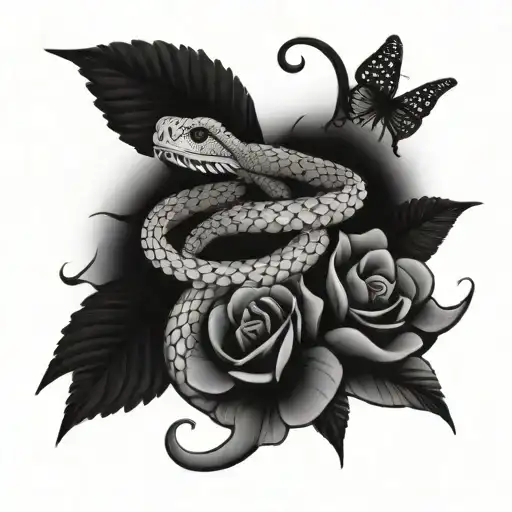 snake wrapping with flowers and butterflies  tattoo design idea