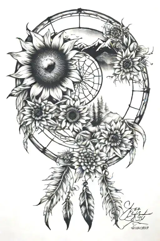 dream catcher, mountain peak, moon, sunflower and semi colon  tattoo design idea