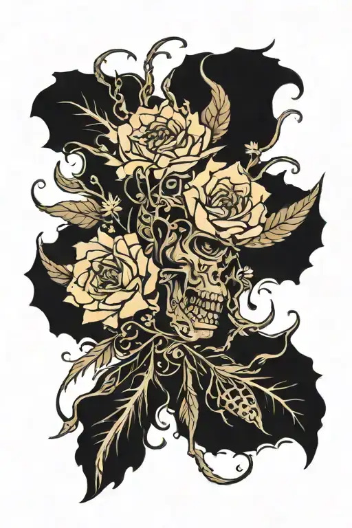 otherworldly creature with a flower instead of wings, thorny branches around tattoo design idea