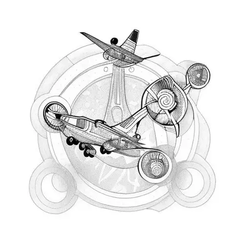 line around shoulder with scooter at start and aeroplane at the end tattoo design idea