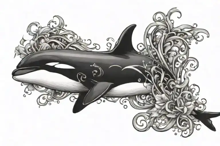 Create a tattoo of an orca whale swimming through a sea of scales of justice, blending your favorite things with a symbol of balance and harmony tattoo design idea