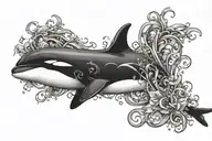 Create a tattoo of an orca whale swimming through a sea of scales of justice, blending your favorite things with a symbol of balance and harmony tattoo design idea