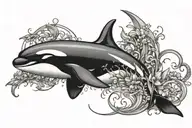 Create a tattoo of an orca whale swimming through a sea of scales of justice, blending your favorite things with a symbol of balance and harmony tattoo design idea