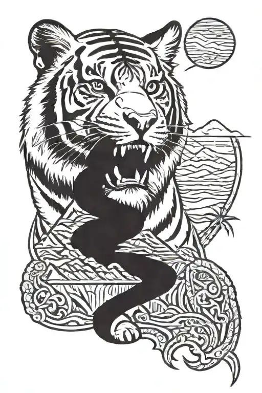 Tiger with Table Mountain landscape tattoo design idea