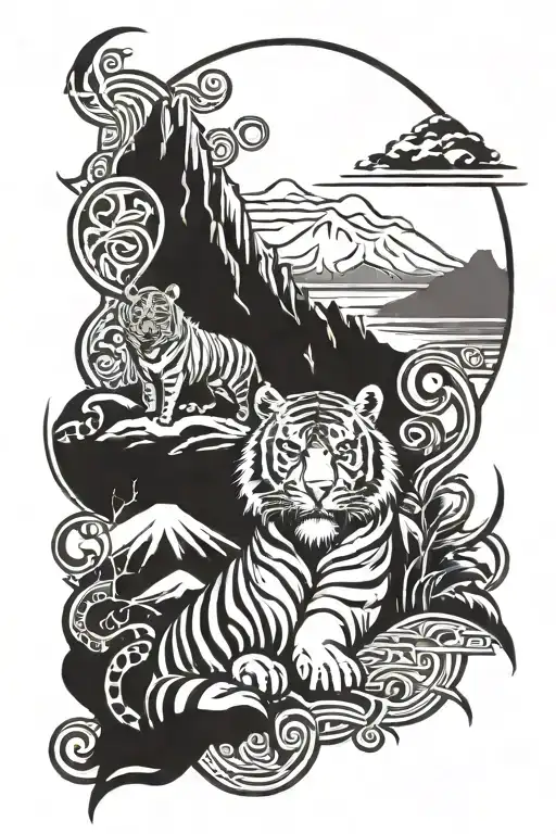 Tiger and Table Mountain Scene tattoo design idea