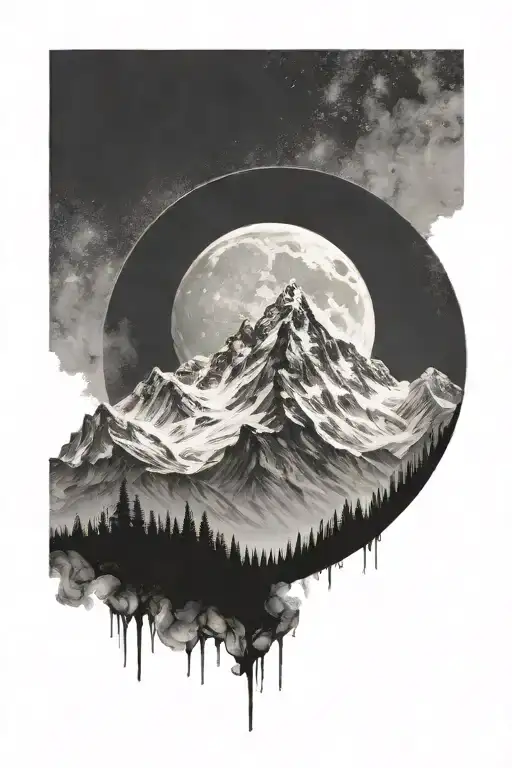 ultra realistic white mountains, dark background, open design, no frame, with the moon, bright pallete tattoo design idea