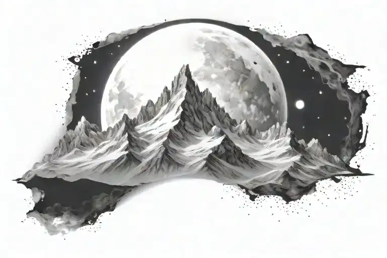 Ultra Realistic White and light Mountains, dark sky, No Frame, With The Moon And Galaxy tattoo design idea