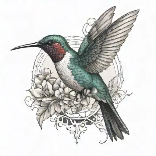 hummingbird with a mountain behind and  a gratitude symbol integrated around with a sense of deepness, masculine tattoo design idea
