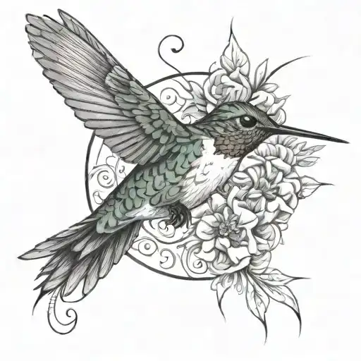 hummingbird with a gratitude symbol integrated around with a sence of deepness tattoo design idea