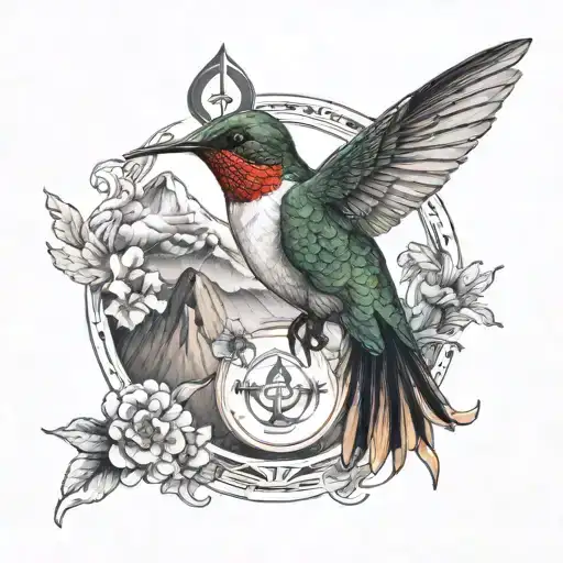 hummingbird with a mountain behind and  a gratitude symbol integrated around with a sense of deepness, masculine tattoo design idea