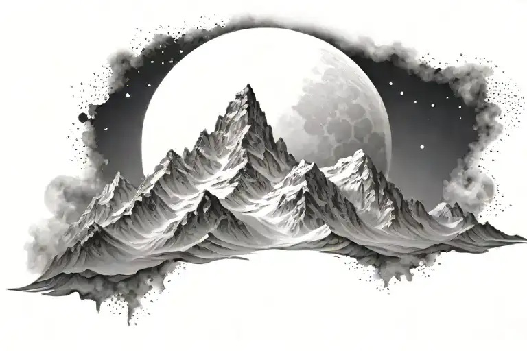 Ultra Realistic White Mountains, No Frame, With The Moon And Galaxy tattoo design idea