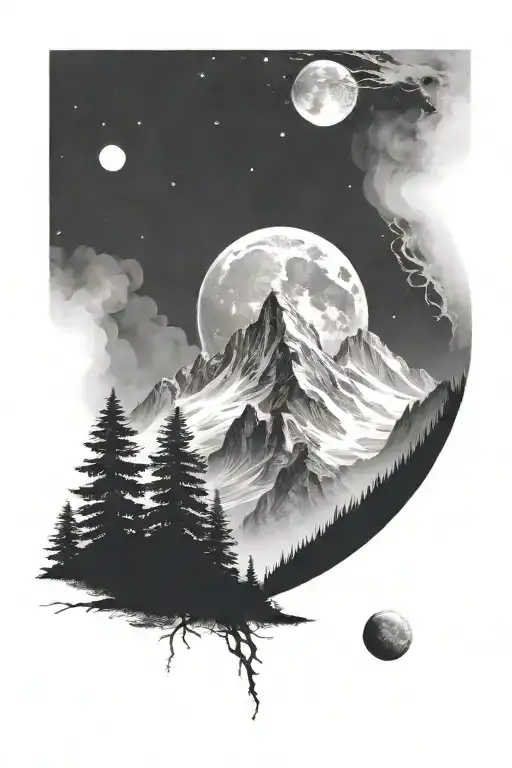 ultra realistic white mountains, dark background, open design, no frame, with the moon, bright pallete tattoo design idea
