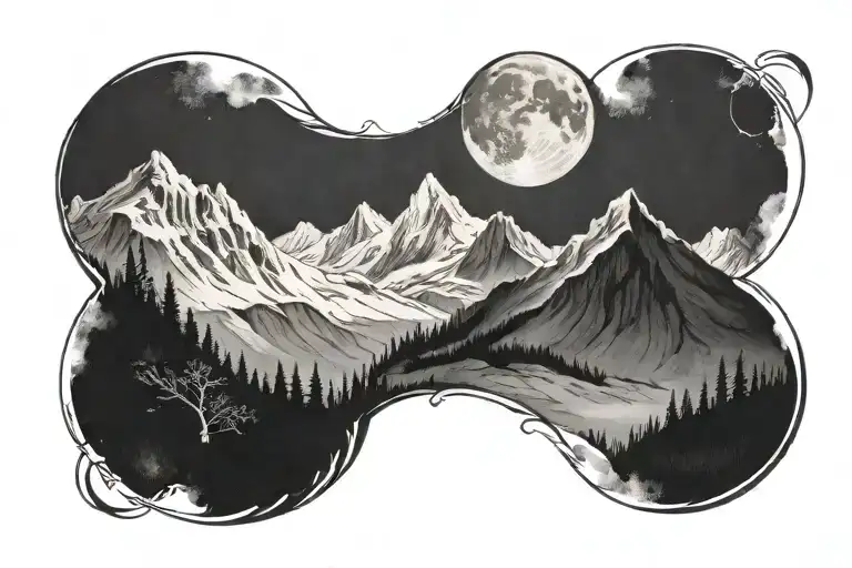 white mountains, dark background, open design, no frame, with the moon tattoo design idea