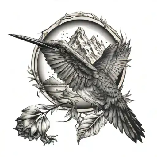 hummingbird with a mountain at the back and a graduate symbol integrated   Black and white color, tattoo design idea