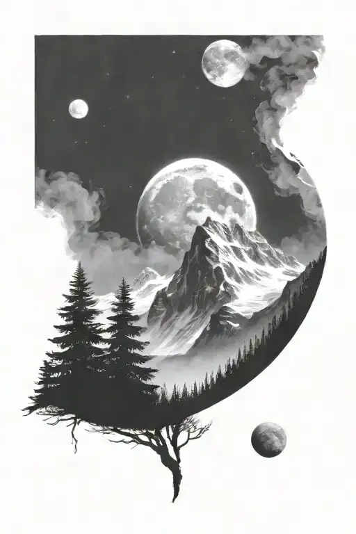 ultra realistic white mountains, dark background, open design, no frame, with the moon, bright pallete tattoo design idea