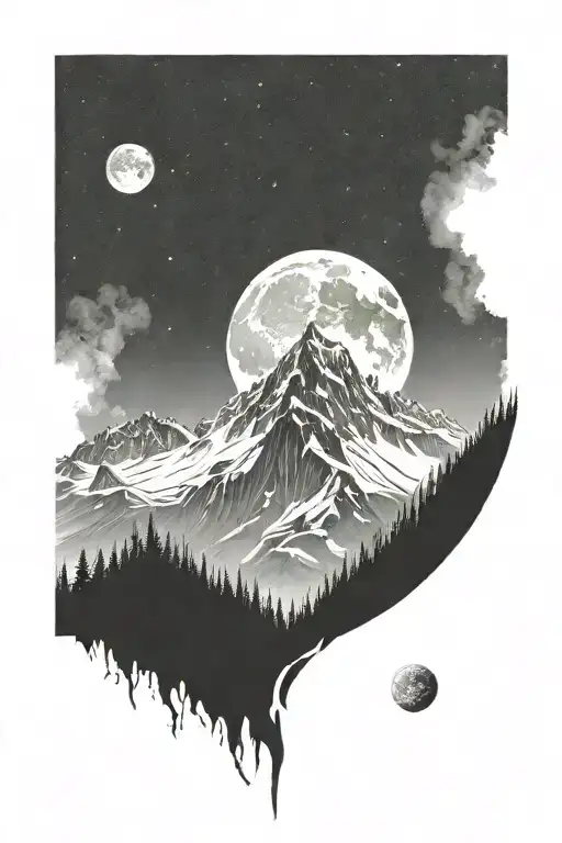 ultra realistic white mountains, dark background, open design, no frame, with the moon, bright pallete tattoo design idea