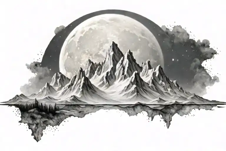 Ultra Realistic White Mountains, No Frame, With The Moon And Galaxy tattoo design idea
