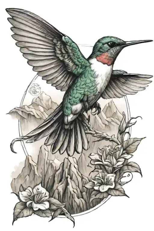 humming bird with mountain at the back and a gratitude symbol  tattoo design idea
