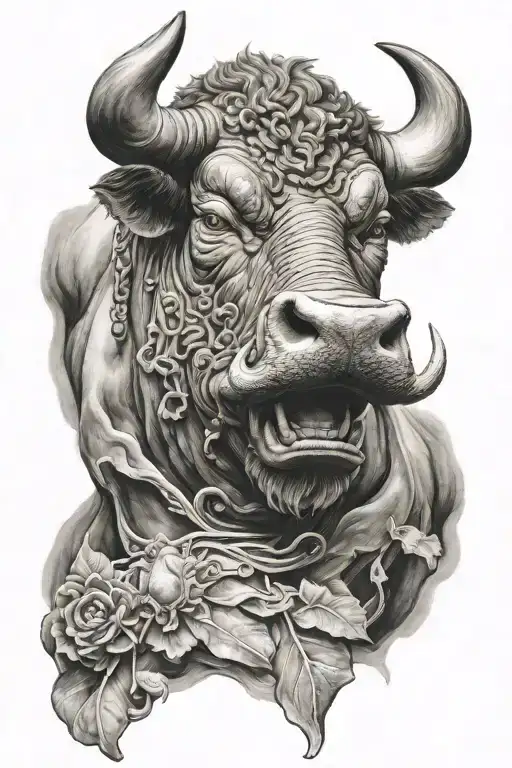ultra-realistic bull face, sense of deepness tattoo design idea
