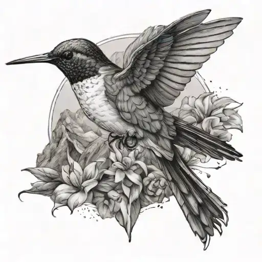hummingbird with a mountain at the back and a graduate symbol integrated   Black and white color  tattoo design idea