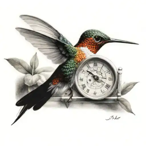 hummingbird with sand clock behind  tattoo design idea